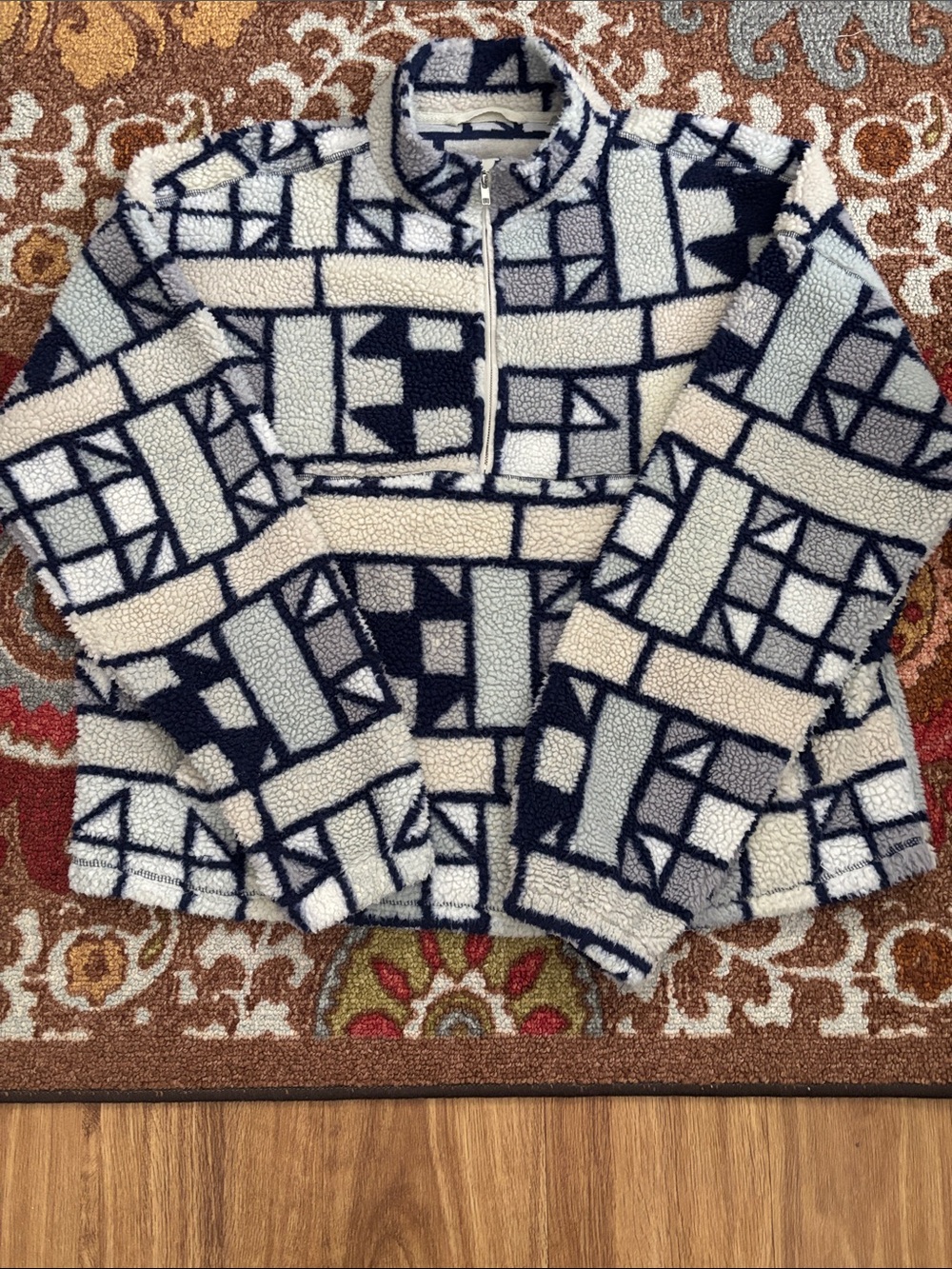 Urban Outfitters BDG Cream and Navy Geometric Sherpa Half-Zip Pullover